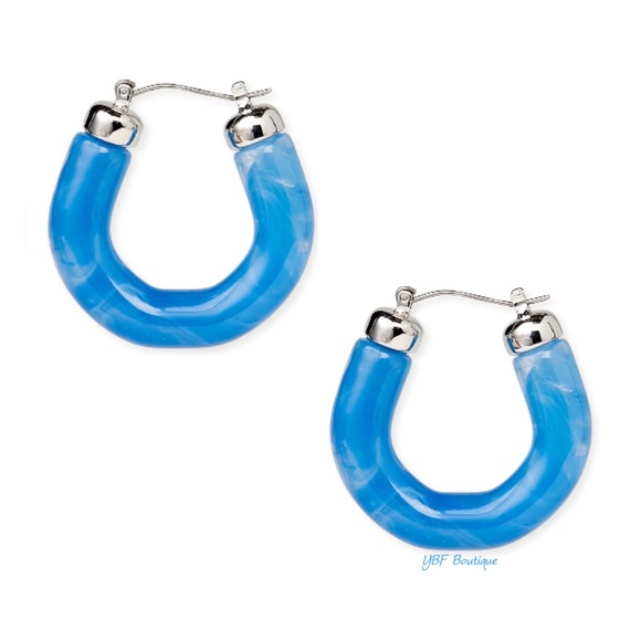 New Blue Marble & Silver Resin Hoop Fashion Earrings - Picture 2 of 7